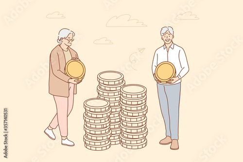 Money, busines, insurance, deposit, saving concept. Deposit accumulation contribution to senior citizen account old age savings illustration. Elder man woman granmother grandfather put coins in stacks