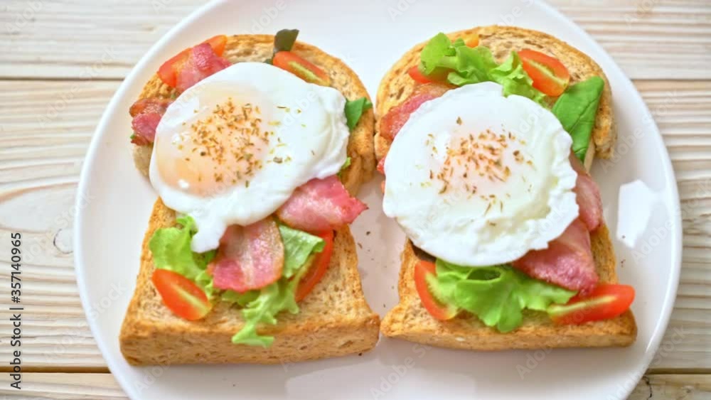 whole wheat bread toasted with vegetable, bacon and egg or egg benedict for breakfast whole wheat bread toasted with vegetable, bacon and egg or egg benedict for breakfast