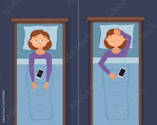 Sleepless woman face cartoon character suffers from insomnia