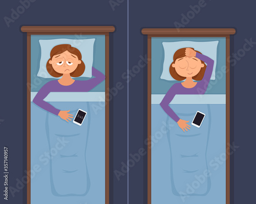 Sleepless woman face cartoon character suffers from insomnia