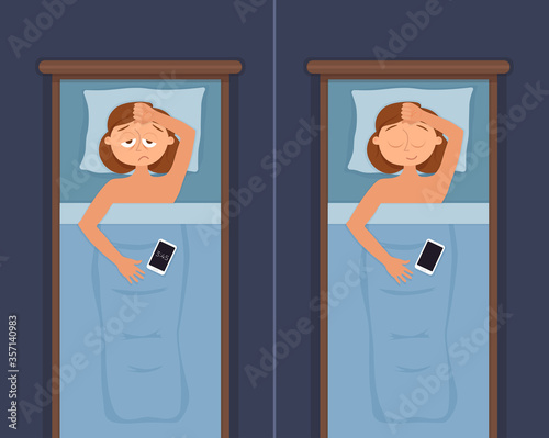 Sleepless woman face cartoon character suffers from insomnia