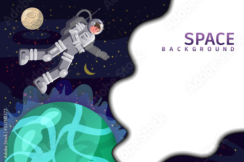 Space background card with spaceman, planet, sun, stars. Austronaut panoramic space template