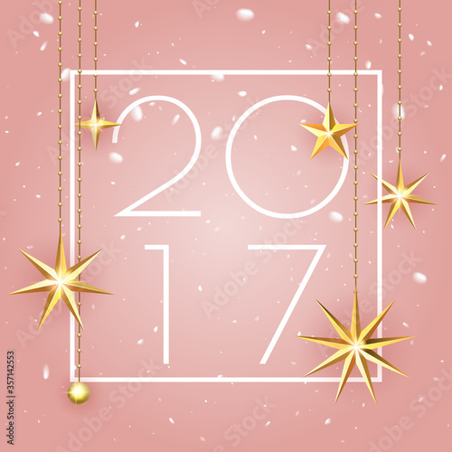 Happy New Year 2017 Premium luxury background for holiday greeting card. Golden decoration ornament with Christmas stars on vip elegant pink background with shining star pattern. Vector illustration.