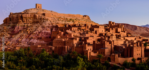 Dusk at Aït Benhaddou. It is a fortified village along the former caravan route between the Sahara and Marrakech in present-day Morocco. It has been a UNESCO World Heritage Site since 1987.