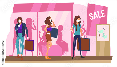 Go shopping in mall or market. Safe buy. Momen buy clothes in mask on and gloves. Protection self isolation distance. Cartoon vector flat illustration. Sale, outlet, black friday. Boutique jewellery