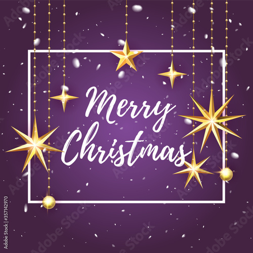 Premium luxury Merry Christmas holiday greeting card. Golden decoration ornament with Christmas star on vip purple background with snowflake pattern. Gold calligraphy lettering Christmas. Vector.