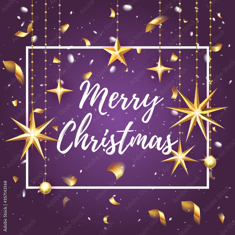 Premium luxury Merry Christmas holiday greeting card. Golden decoration ornament with Christmas star on vip purple background with snowflake pattern. Gold calligraphy lettering Christmas. Vector. Premium luxury Merry Christmas holiday greeting card. Golden decoration ornament with Christmas star on vip purple background with snowflake pattern. Gold calligraphy lettering Christmas. Vector.