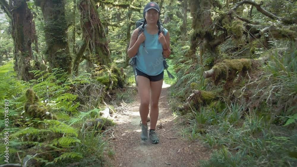Asian woman hiking in the forest on The Lake Waikaremoana Great Walk, New Zealand