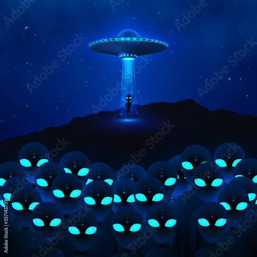 UFO with ray of light fly in night sky and group angry aliens with green eyes. alien invasion. Sci-fi concept. Vector illustration