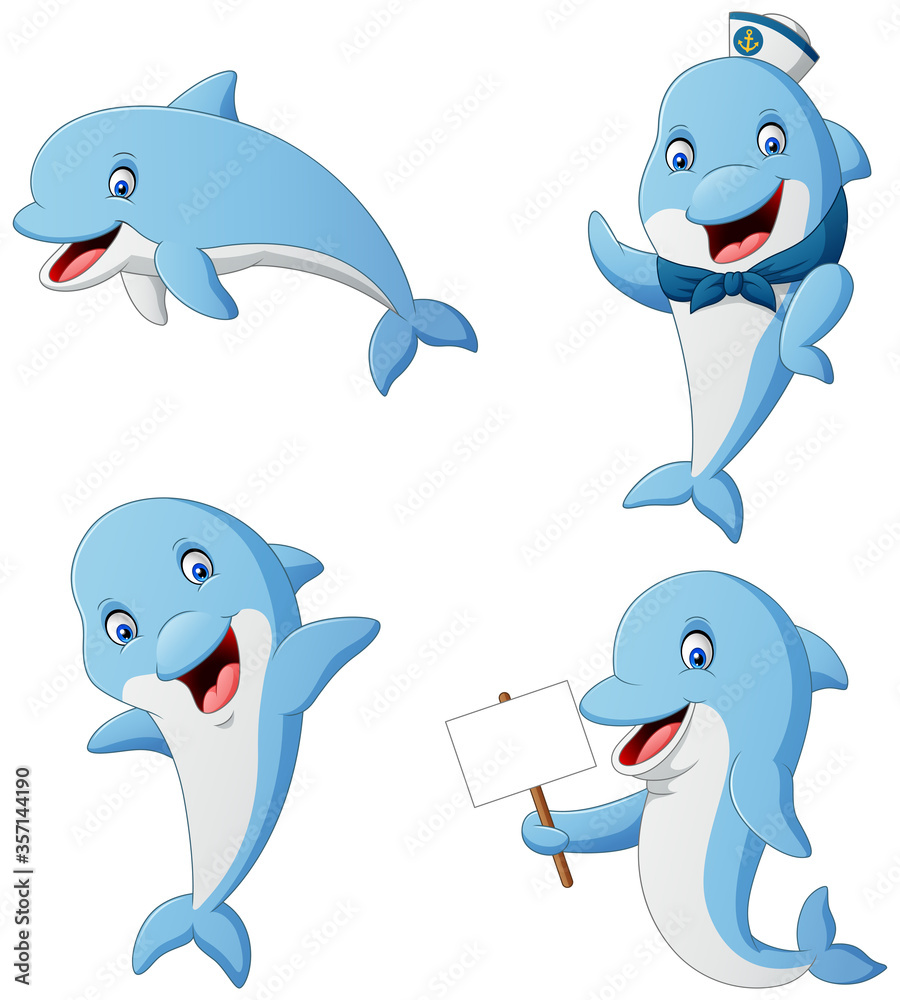 Fototapeta premium Set of dolphin cartoon different poses. Vector illustration