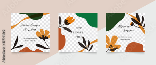 Social media stories and post creative vector set. Abstract shapes background template with floral and copy space for text and images. Vector illustration.