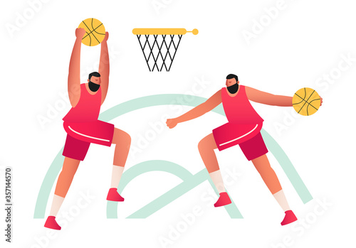 Basketball players throw the ball into the basket with a ring. Basketball. Olympic sports game with ball vector illustration