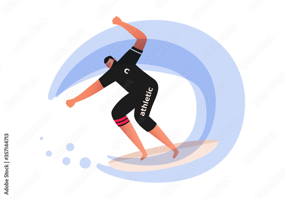 A surfer rides an ocean wave and makes a lot of splashes. Water sport vector illustration. Sliding on a Board on water A surfer rides an ocean wave and makes a lot of splashes. Water sport vector illustration. Sliding on a Board on water