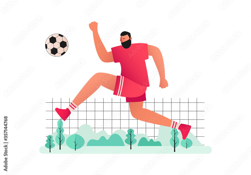 Fototapeta premium The player jumps and kicks the ball. Attacking player of the football team in equipment. Vector illustration of a football player in the game