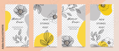 Social media stories and post creative vector set. Abstract shapes background template with floral and copy space for text and images. Vector illustration.