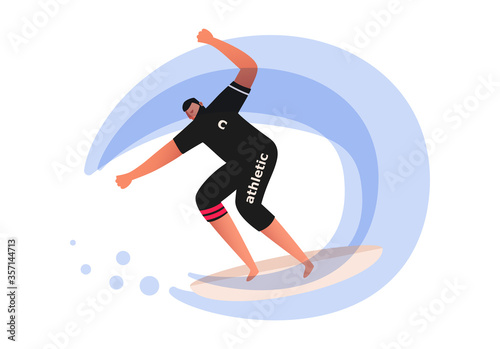 A surfer rides an ocean wave and makes a lot of splashes. Water sport vector illustration. Sliding on a Board on water