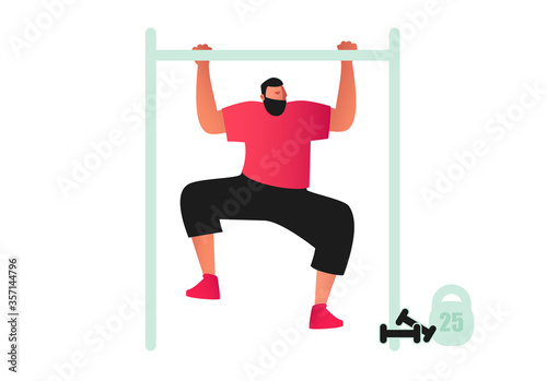 An athletic male athlete does pull-UPS on the crossbar. Dressed in a t-shirt and shorts. Vector illustration of strength exercises