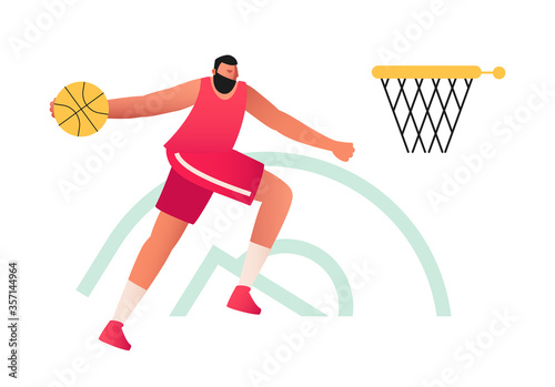 An athletic male basketball player in a t-shirt and shorts throws the ball up. Basketball. Olympic sports game with ball vector illustration