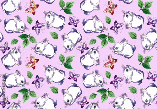 Pets illustration pattern with an animal - Lovely watercolor white rabbit and colorful butterfly on a light pink background.