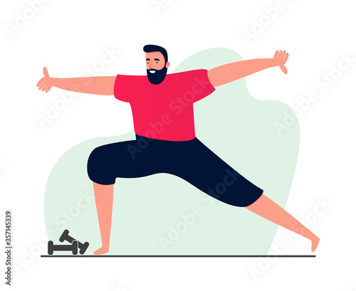 A sporty man stands in a yoga pose in the gym in a t-shirt and leggings. Fitness stretching. Illustrations in the style of comics about a healthy and active lifestyle