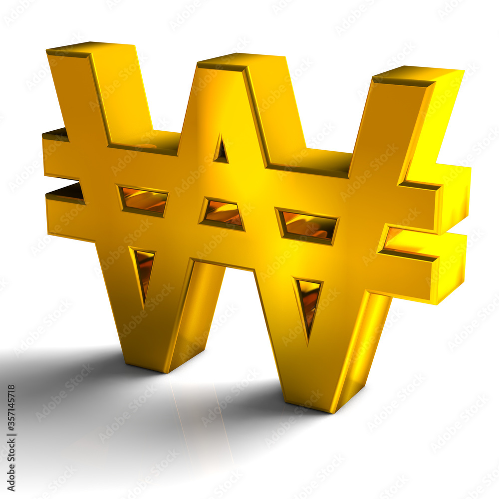 Obraz premium Korea Won Currency Symbols Gold Color, 3d render isolated on white background