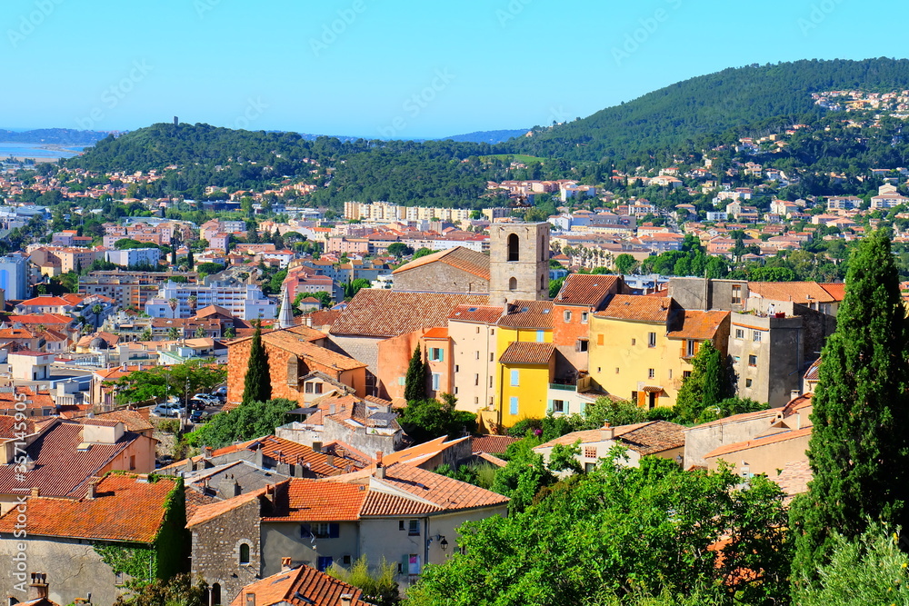 View to the old town and St. Paul church, Hyeres, France