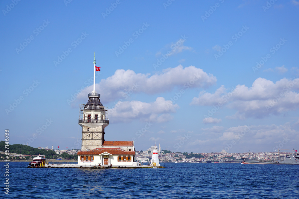 Maiden's tower, symbol of Istanbul, Turkey, Blue sky and sea