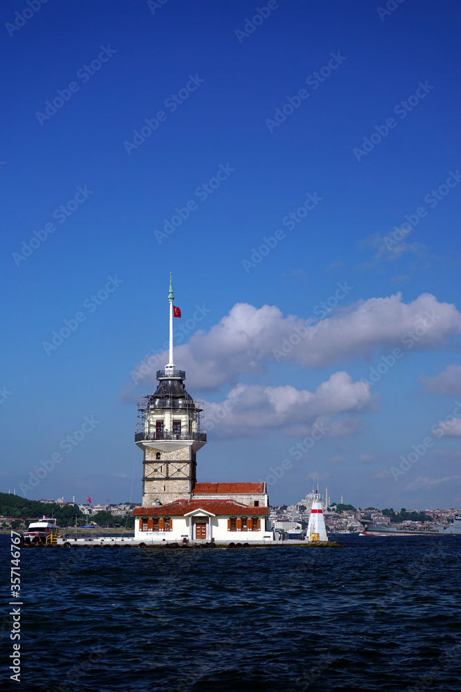 Maiden's tower, symbol of Istanbul, Turkey, Blue sky and sea