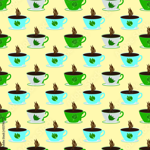 Seamless kitchen pattern with multicolored white blue green cups of hot drink of black strong tea or coffee on a pale yellow beige background, design of fabric, wrapping paper, packaging, wallpaper