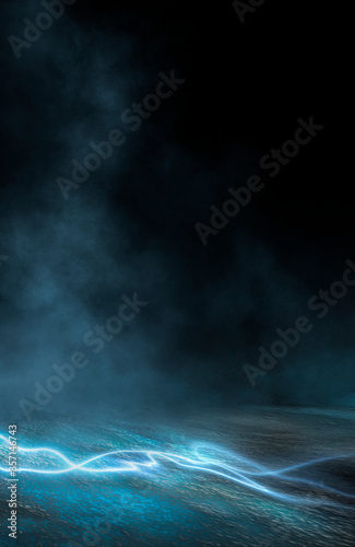 Empty futuristic dramatic scene. Abstract dark landscape, street. Neon light fluid element. Night view, neon blue light. Fantasy background. 3D illustration