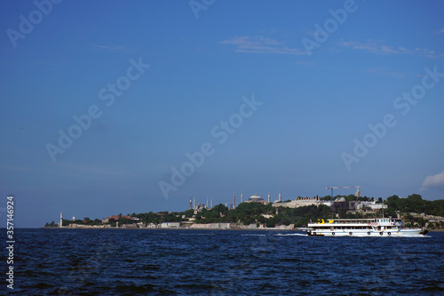 Istanbul city and The Hagia Sophia Mosque, blue sky and sea