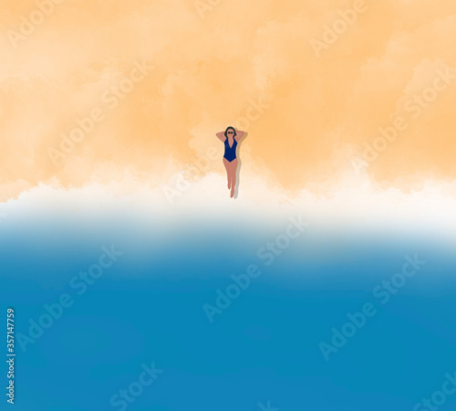 Watercolor loneliness Asian woman ware blue bikini travel alone sunbathing on the beach yellow sand and blue sea in summer season holiday.Social distancing concept