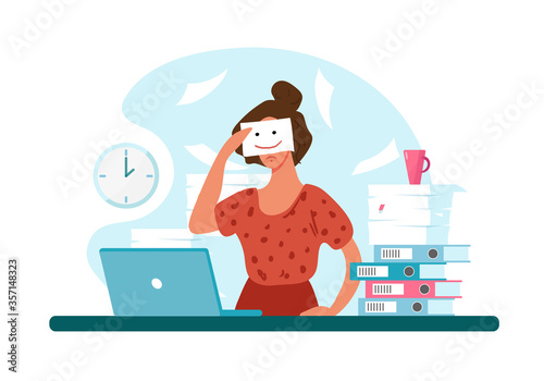 Unhappy woman at work, professional burnout. Sad girl holds a painted smile. The concept of depression, workload, career growth. Flat vector illustration.