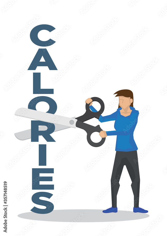 Girl using a giant scissor to cut a Calories block. Concept of weight loss Girl using a giant scissor to cut a Calories block. Concept of weight loss