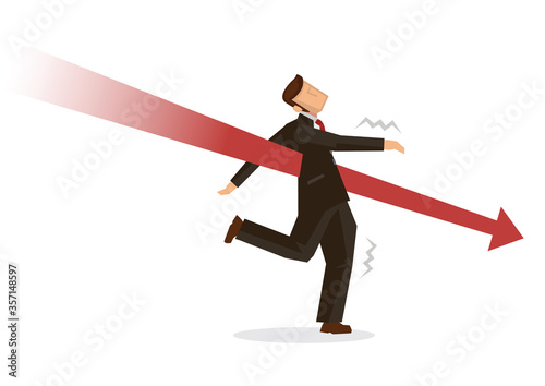Businessman attacks by giant red arrow. Market crash or crisis concept illustration.