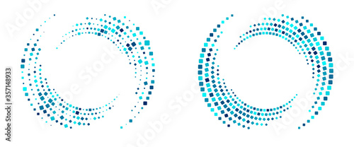 Modern abstract background. Halftone squares in circle form. Round logo. Vector dotted frame. Design element or icon.