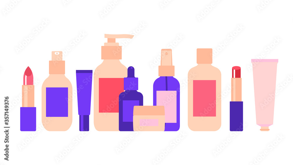 Set of cosmetics: cream, lotion, lipstick, tonic, serum, gel. Skin care products.