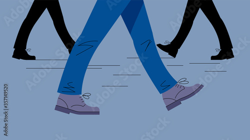 Male legs in motion. Legs in trousers and boots take a step. Gait. Vector illustration of legs on the background of other legs.