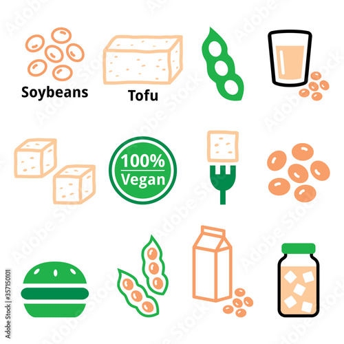 Soy beans, soya, tofu vector icon set - healthy, vegetarian or vegan food color design