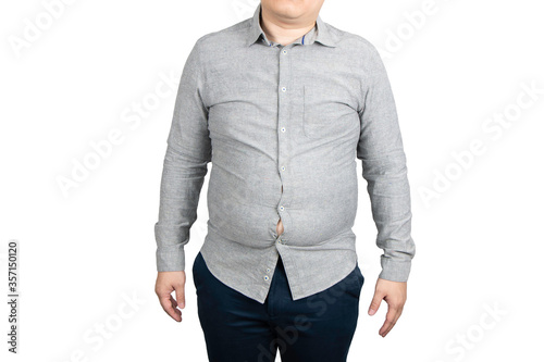 Close up of overweight man with a big belly isolated on white background.	