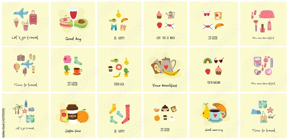 Set of travel, body care and food breakfast illustrations. Breakfast and travel ideas concept. Flat modern vector illustration.