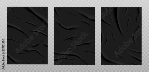 Black glued paper texture, wet wrinkled paper sheets set. Posters with crumpled and creased wrinkles isolated on a transparent background. Vector illustration. A4 format.