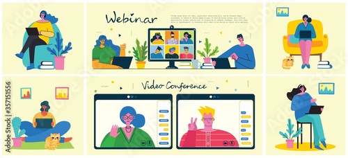Webinar online business solution. People use video chat on desktop and laptop to make conference. Work remotely from home. Flat modern vector illustration.