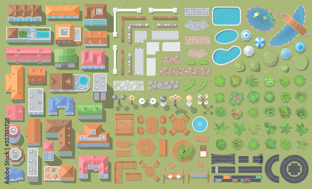 Vector set. Houses, architectural elements, furniture, plants. Top view.
Collection for landscape design, plan, maps. View from above. Vector set. Houses, architectural elements, furniture, plants. Top view.
Collection for landscape design, plan, maps. View from above.