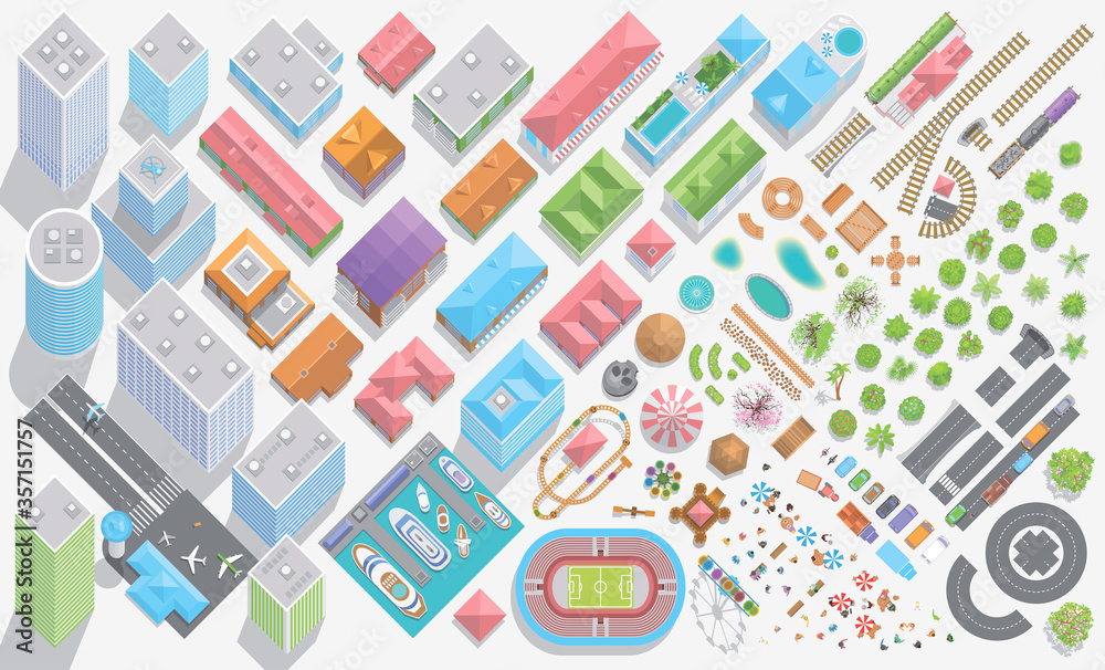 Set of landscape elements. City. (Isometric view from above) Trees, houses, buildings, skyscrapers, attractions, railroad, road, port, airport, stadium. (Top view) 