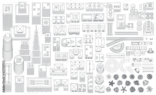 Set landscape linear elements. City. (Top view) Skyscrapers, houses, buildings, factories, roads, railways, trees. (View from above) 