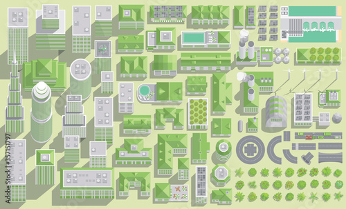 Set of landscape elements. Green city. (View from above) 
Skyscrapers, houses, buildings, road, solar panels, wind turbines, factories. (Top view)