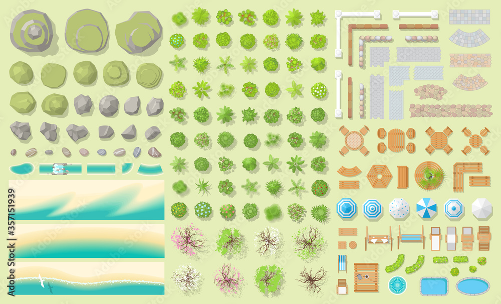 Set of park elements. (top view)
Hills, rocks, stones, river, beach, trees, fences, paths, benches, furniture, umbrellas. (view from above) Set of park elements. (top view)
Hills, rocks, stones, river, beach, trees, fences, paths, benches, furniture, umbrellas. (view from above)
