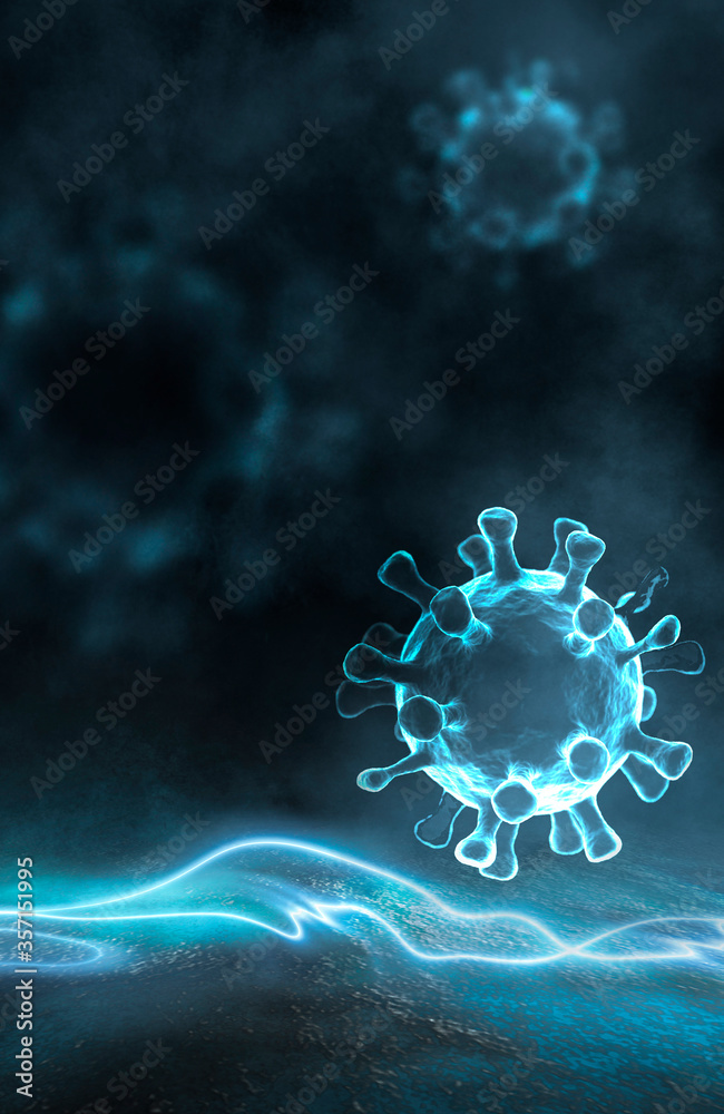 Covid-19, abstraction background with elements of the virus. The epidemic of viral diseases. Micro organisms, macro, 3d illustration. Pandemic, medical.