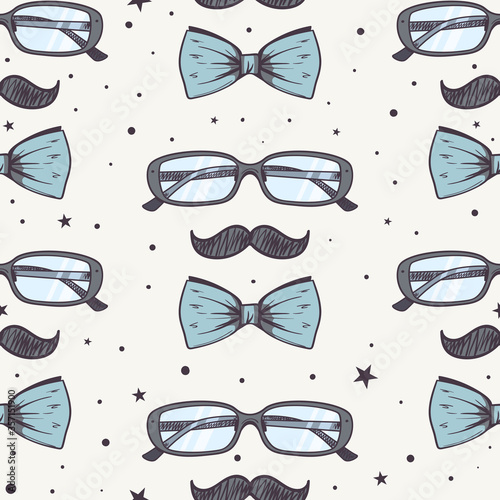  Seamless pattern with bow ties, glasses and mustache